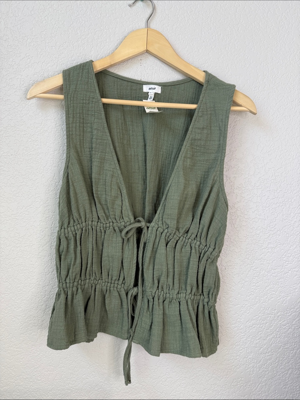 Aerie Sleeveless Drawstring Tank Top Gauze Cotton Cottagecore Olive Green Medium - Picture 2 of 10